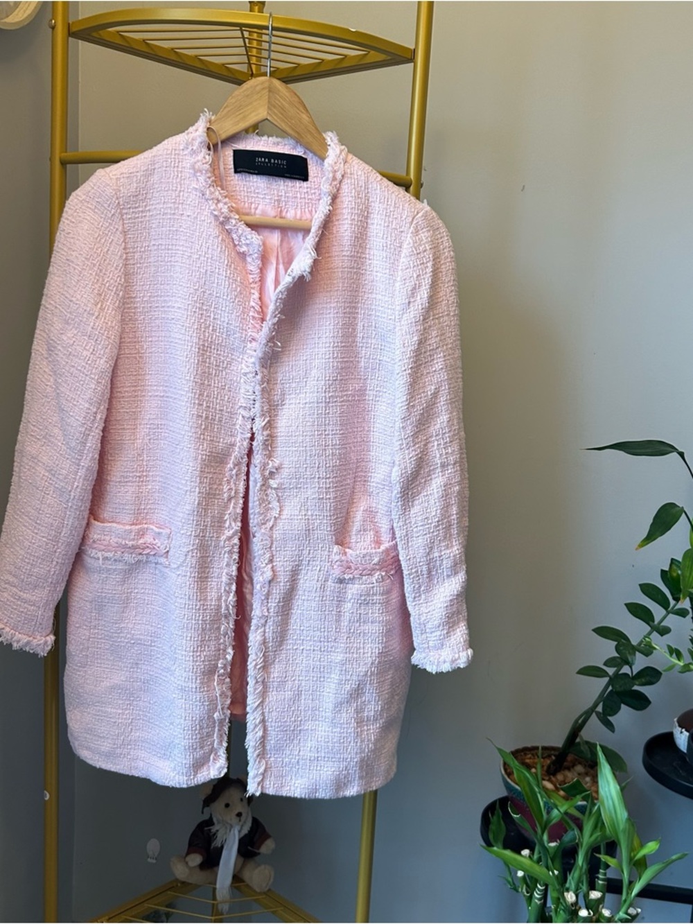 Zara women’s spring Pink Tweed Collarless front welt pockets Coat size M - Picture 8 of 8